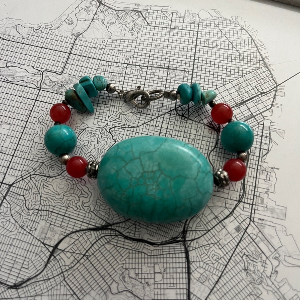 Turquoise, red gemstone and Bali Silver Bracelet